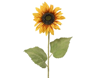 Sunflower On Stem Polyester Spray W/ 2 Leaves Yellow L.25Cm H.74Cm