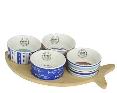 Tapas Set Porcelain With 4 Diff Print, Bamboo Fish Shape L.28.5Cm X W.18.5Cm - image 1