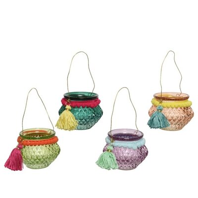 Tealightholder Glass Round Tassels Assorted