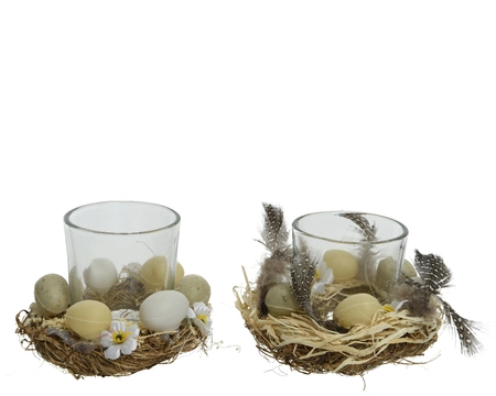 Tealightholder Glass With Plastic Egg With Plastic Flower With Feather