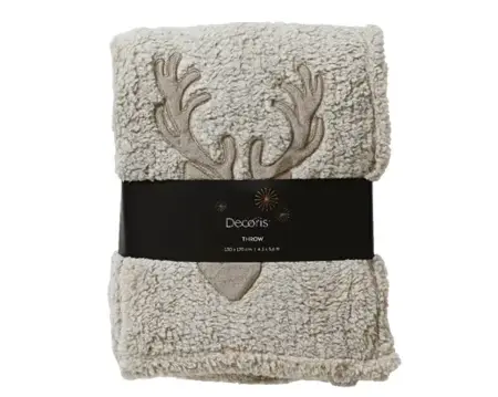 Throw With Reindeer Embroidery Beige L130cm