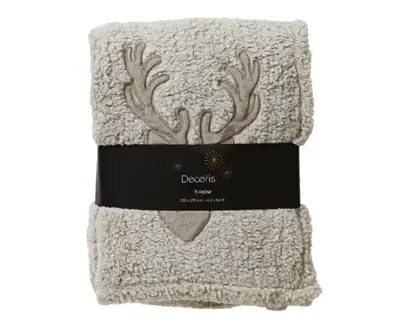 Throw With Reindeer Embroidery Beige L130cm