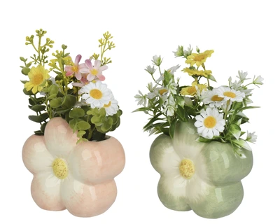 Vase Dolomite Daisy Mix In Shiny Dolomite Flower 2Col  Asst. H.23Cm