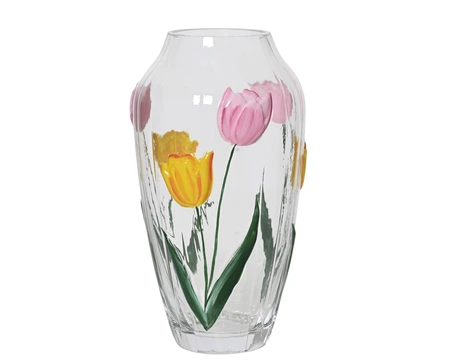 Vase Gl Clear W Painted Flowers Clear D.15Cm X H.28Cm